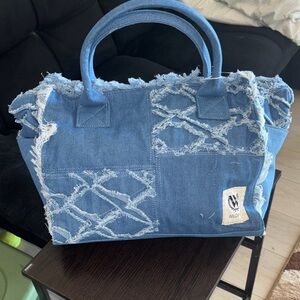 Wildfox Frayed Patchwork Denim Tote in Blue